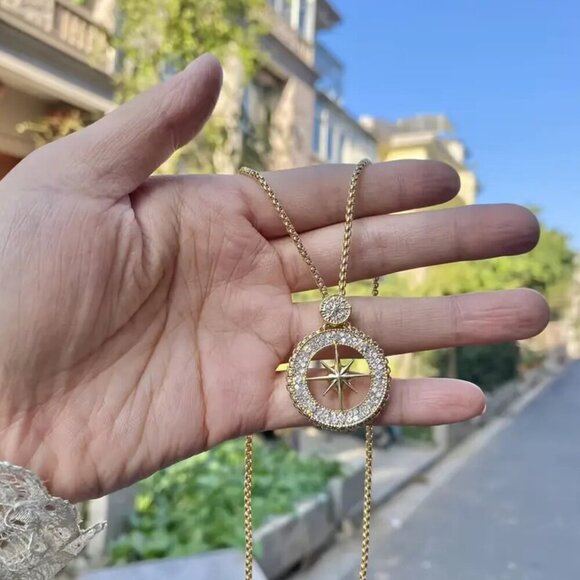 Gold Tone Compass Necklace with Rhinestones #1459 - Picture 8 of 16